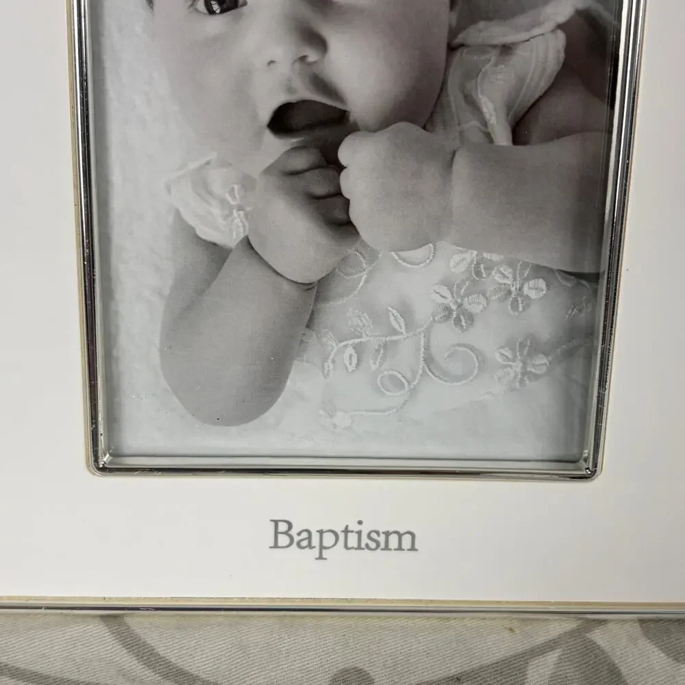 Baptism Baby Picture Frame White enamel and silver cross 4X6 Unused